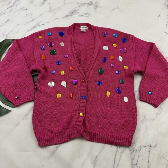 Victoria Jones Womens Vintage 80s Chunky Cardigan Sweater Size M Pink Gems - Picture 1 of 13